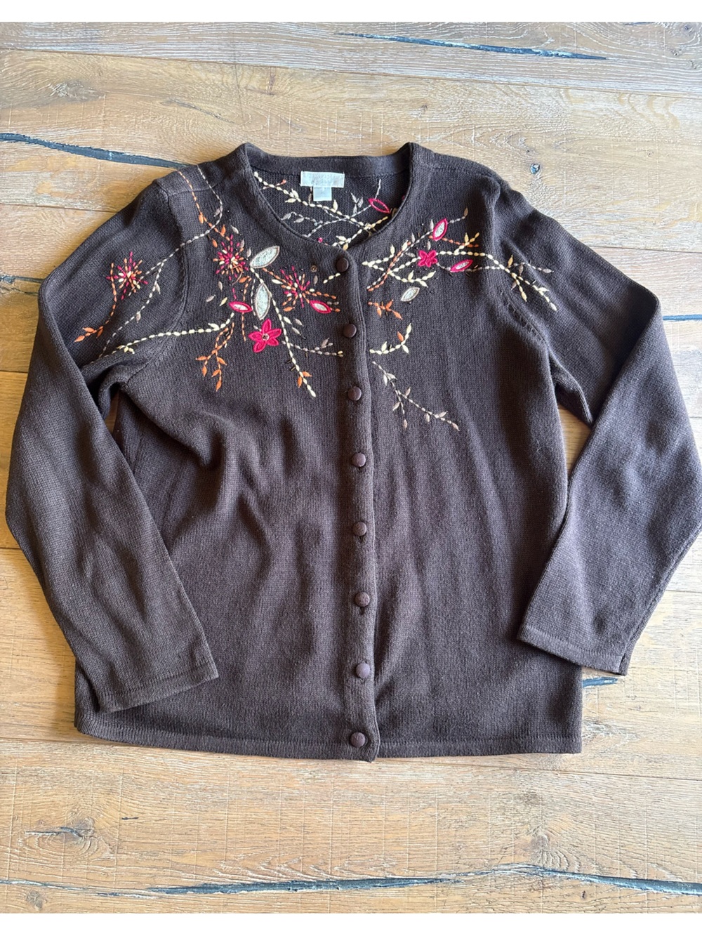 Christopher & Banks Brown Cardigan with Pink and Orange Fall Floral Embroidery